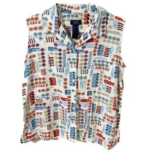 Vintage Crazy Horse Liz Claiborne Beach Theme Sleeveless Collar Button Up Blouse